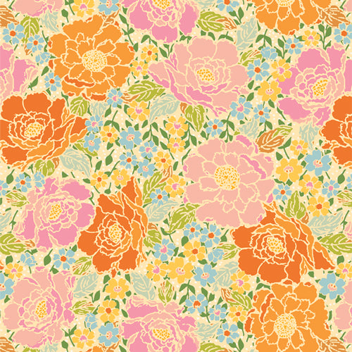 A closeup shot of the quilting fabric pattern called Woods Rose Garden, designed by Maureen Cracknell for Art Gallery Fabrics. The SKU is MRG55300.