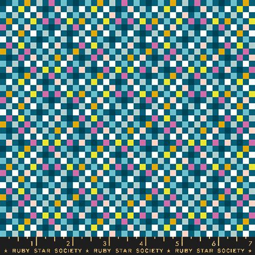 A closeup shot of the quilting fabric pattern called Checkmate, designed by Rashida Coleman Hale, in the teal colorway. The SKU is RS1102 14.