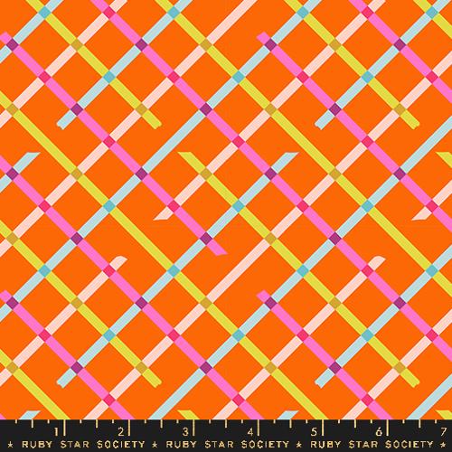 A closeup shot of the quilting fabric pattern called Off Grid, designed by Rashida Coleman Hale, in the goldfish colorway. The SKU is RS1104 14.