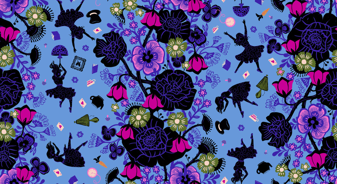 A closeup shot of the quilting fabric pattern called Rabbit Hole, designed by Sarah Watts for Ruby Star Society, in the lindley blue colorway. The SKU is RS2121 14.