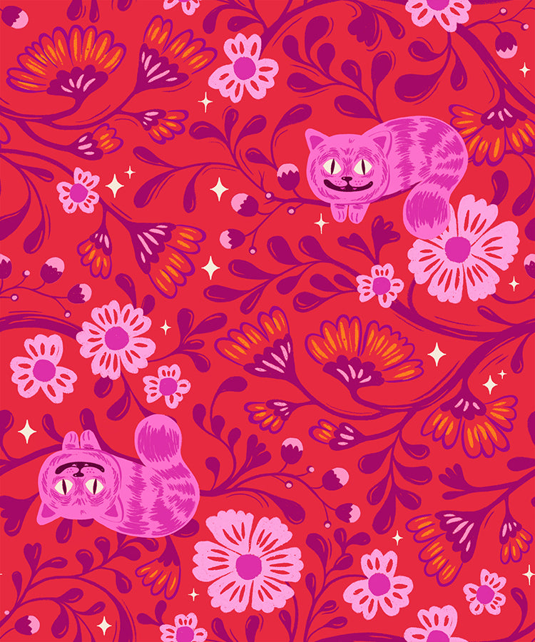 A closeup shot of the quilting fabric pattern called Cheshire, designed by Sarah Watts for Ruby Star Society, in the ruby colorway. The SKU is RS2123 12.