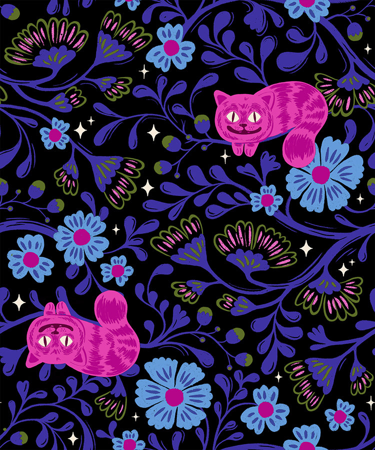 A closeup shot of the quilting fabric pattern called Cheshire, designed by Sarah Watts for Ruby Star Society, in the black colorway. The SKU is RS2123 14.