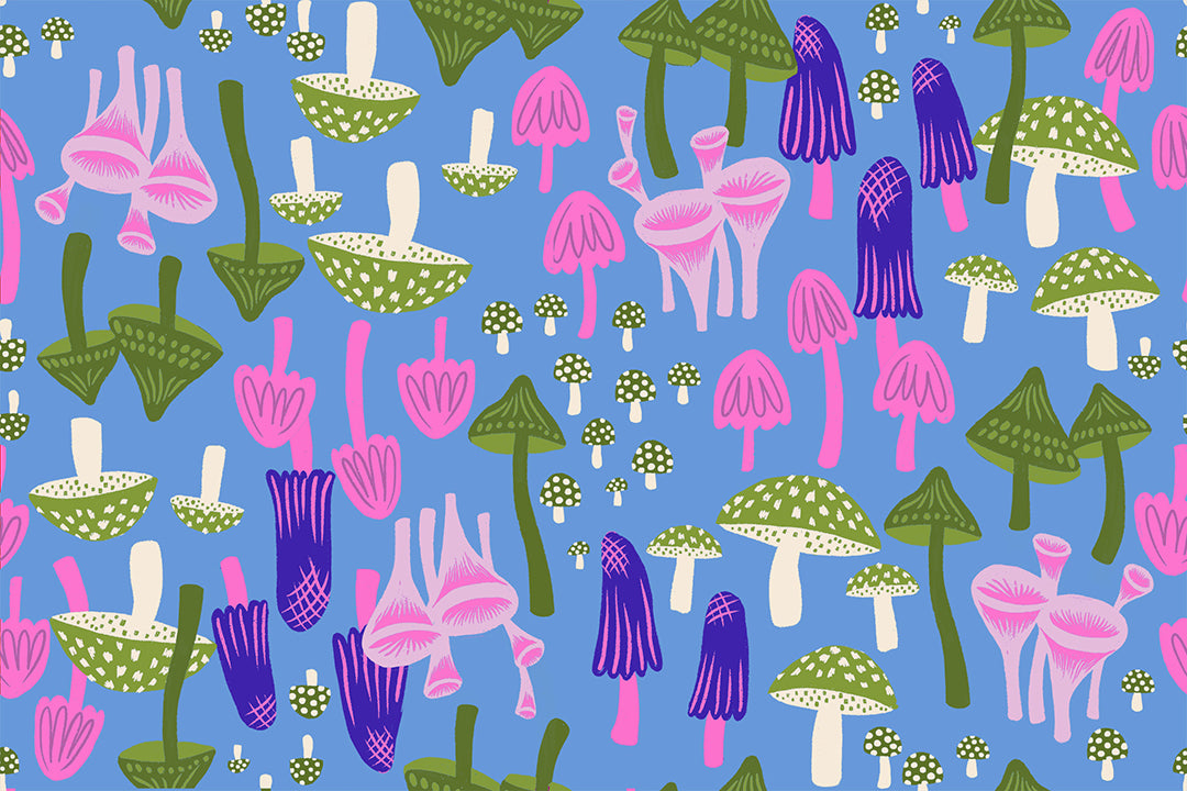 A closeup shot of the quilting fabric pattern called Mushroom Land, designed by Sarah Watts for Ruby Star Society, in the lindley blue colorway. The SKU is RS2124 13.