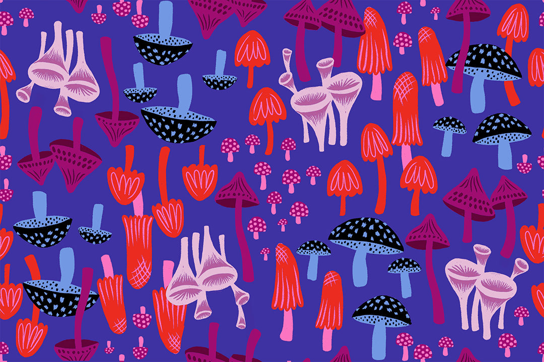 A closeup shot of the quilting fabric pattern called Mushroom Land, designed by Sarah Watts for Ruby Star Society, in the blacklight colorway. The SKU is RS2124 14.