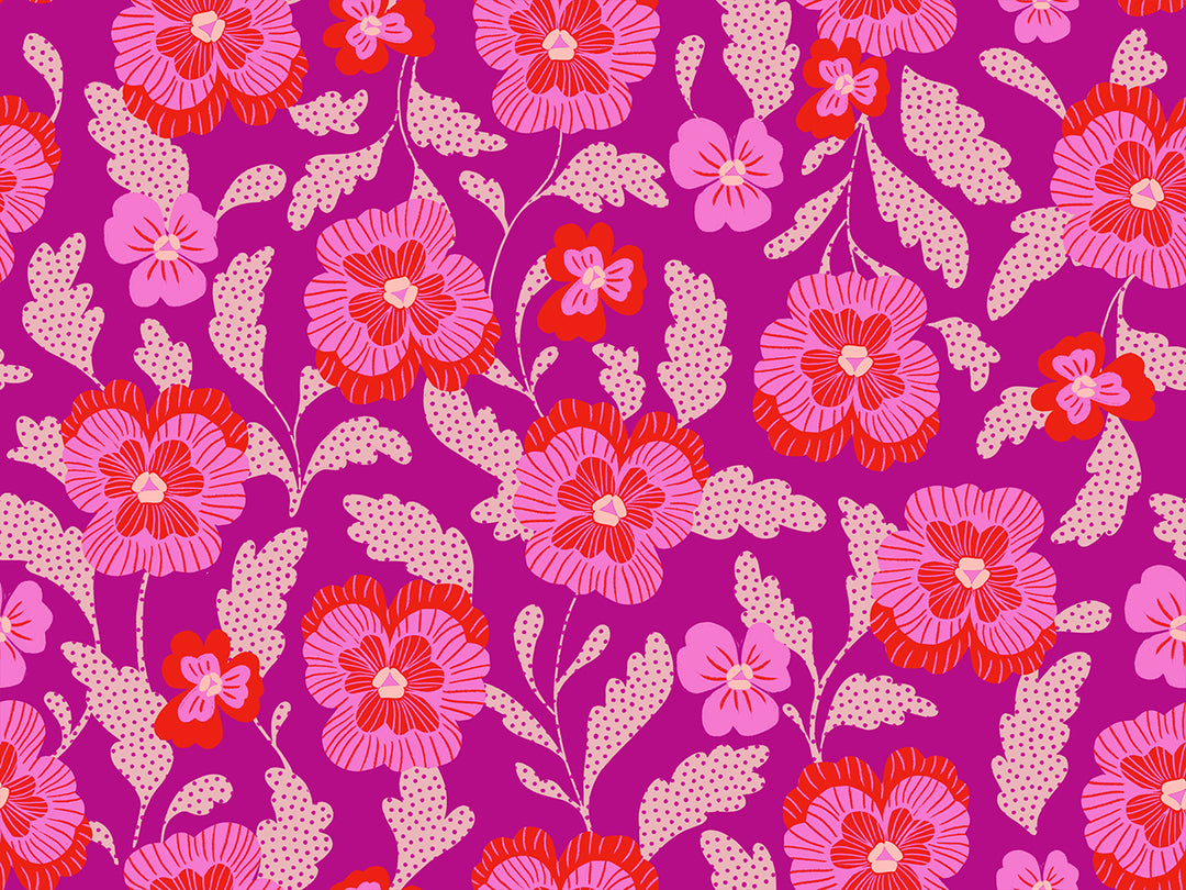 A closeup shot of the quilting fabric pattern called Violets, designed by Sarah Watts for Ruby Star Society, in the berry colorway. The SKU is RS2126 13.