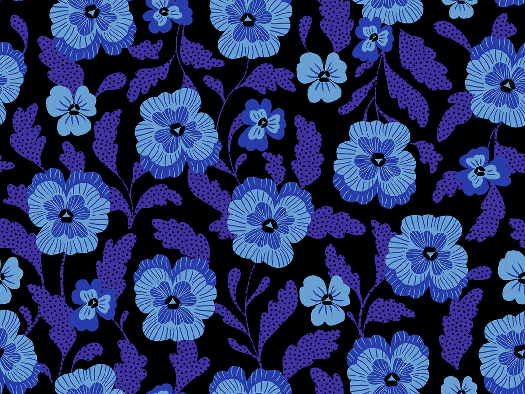 A closeup shot of the quilting fabric pattern called Violets, designed by Sarah Watts for Ruby Star Society, in the black colorway. The SKU is RS2126 16.