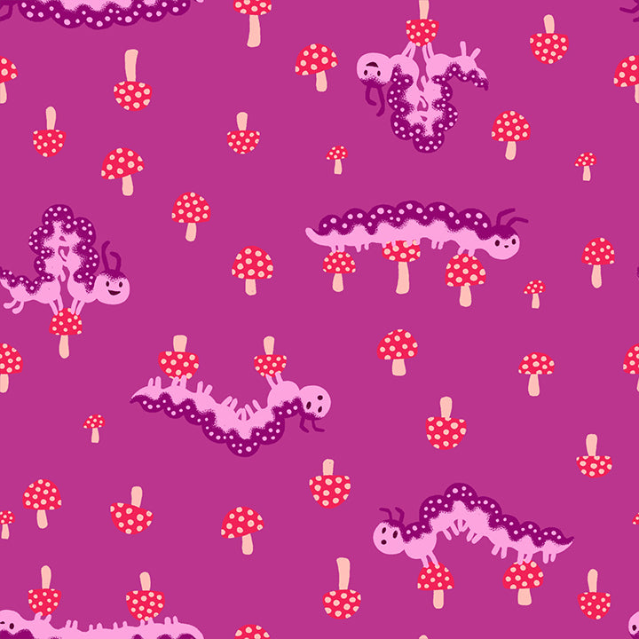 A closeup shot of the quilting fabric pattern called Caterpillar, designed by Sarah Watts for Ruby Star Society, in the berry colorway. The SKU is RS2127 11.