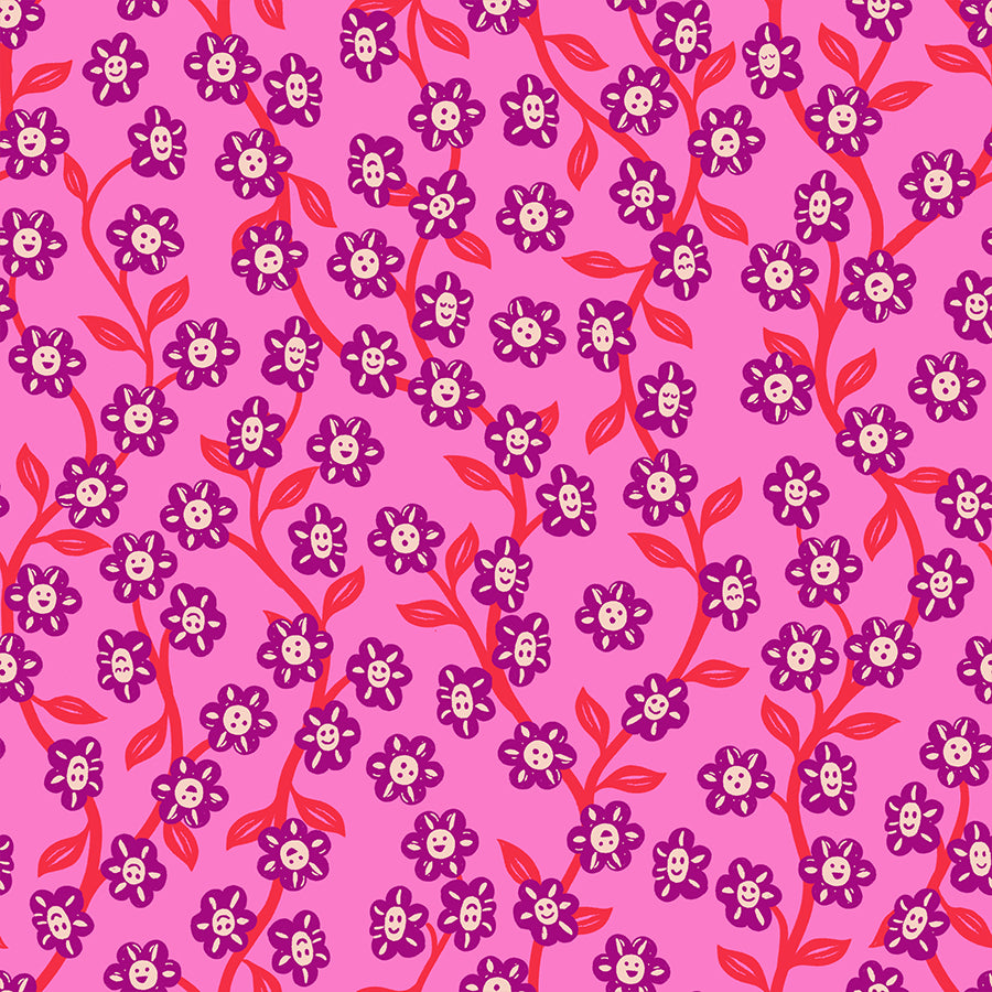 A closeup shot of the quilting fabric pattern called Chatty Garden, designed by Sarah Watts for Ruby Star Society, in the lipstick colorway. The SKU is RS2128 13.