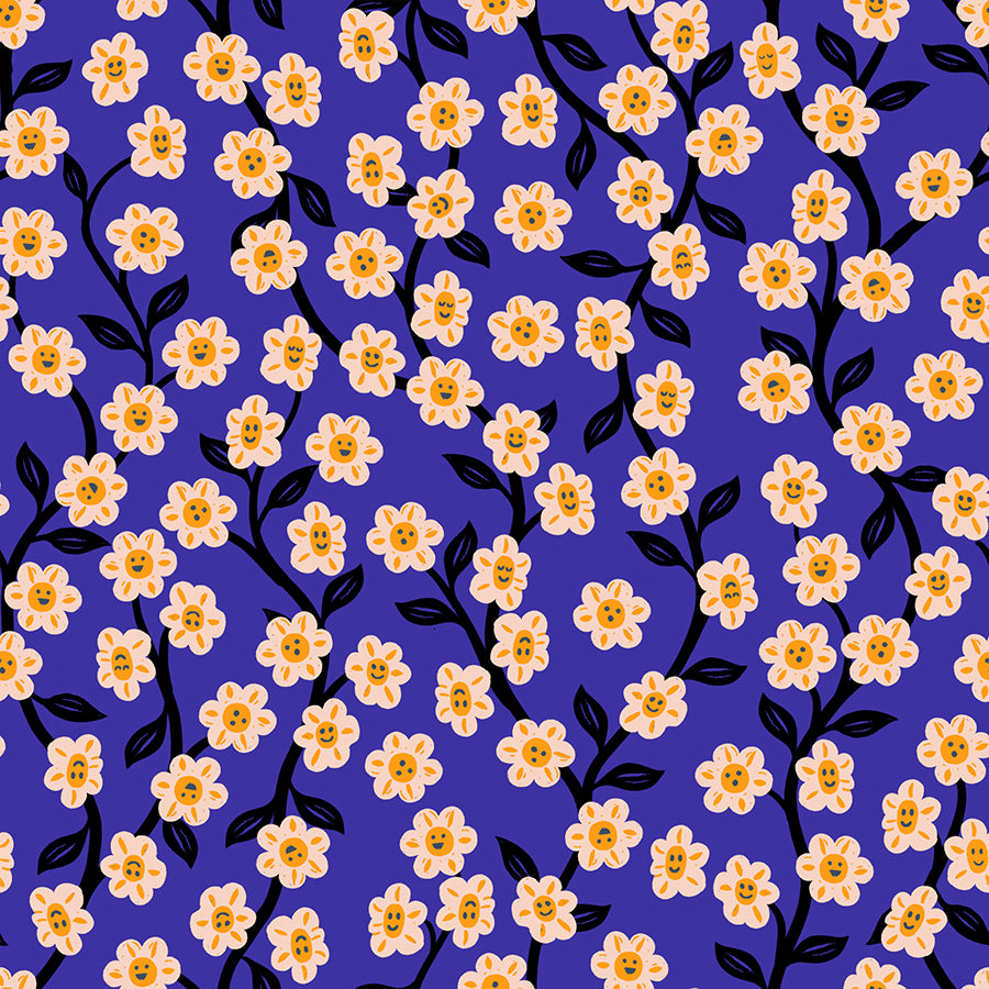 A closeup shot of the quilting fabric pattern called Chatty Garden, designed by Sarah Watts for Ruby Star Society, in the blacklight colorway. The SKU is RS2128 14.