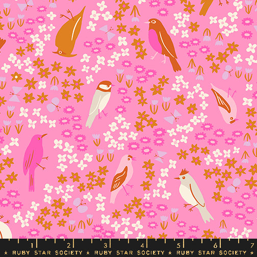 Cotton quilting fabric pattern called 'Spark Bird in Flamingo'. Part of the 'Bird is the Word' fabric collection. Designed by Kimberly Kight for fabric company Ruby Star Society. SKU: RS3077 12. 44-45 inch width.