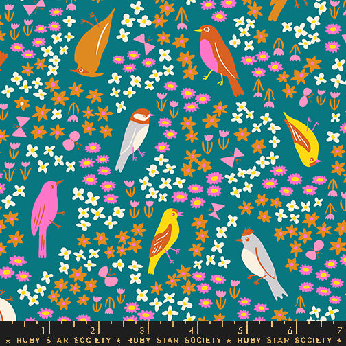 Cotton quilting fabric pattern called 'Spark Bird in Storytime'. Part of the 'Bird is the Word' fabric collection. Designed by Kimberly Kight for fabric company Ruby Star Society. SKU: RS3077 13. 44-45 inch width.