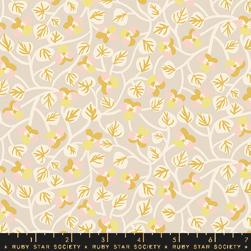 Cotton quilting fabric pattern called 'Pansy in Sandbox'. Part of the 'Bird is the Word' fabric collection. Designed by Kimberly Kight for fabric company Ruby Star Society. SKU: RS3079 11. 44-45 inch width.