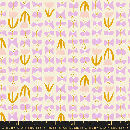 Cotton quilting fabric pattern called 'Butterflies in Natural'. Part of the 'Bird is the Word' fabric collection. Designed by Kimberly Kight for fabric company Ruby Star Society. SKU: RS3081 11. 44-45 inch width.