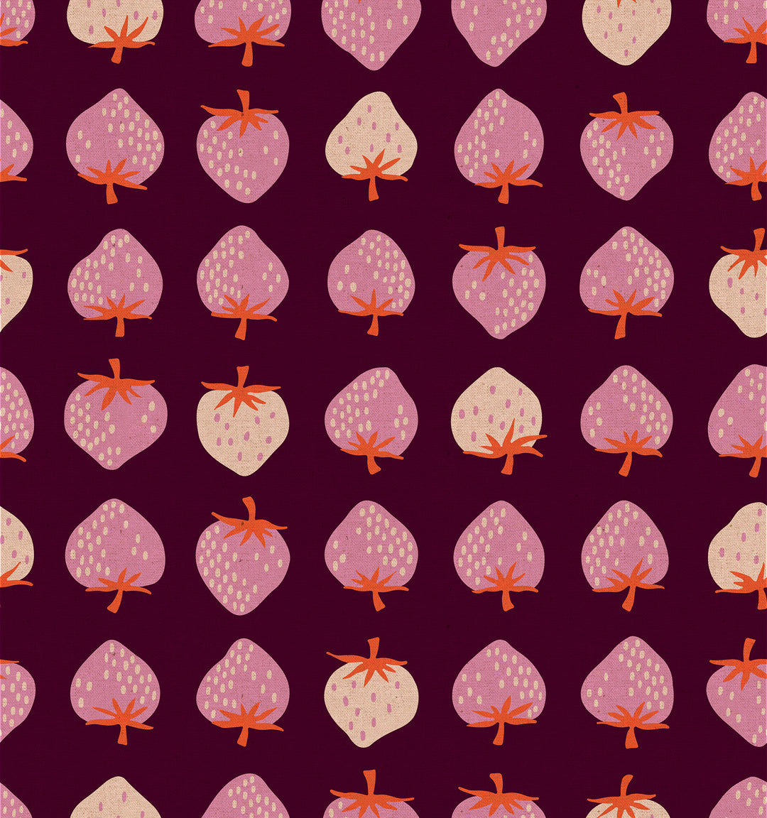 A closeup shot of the quilting fabric pattern called Strawberry Canvas, designed by Kimberly Kight, in the deep plum colorway. The SKU is RS30871 17L.