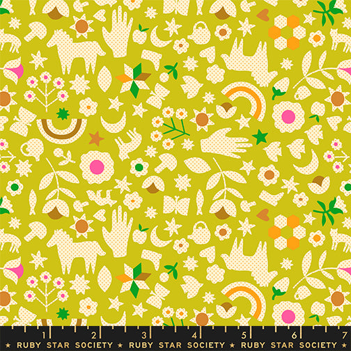 A closeup shot of the quilting fabric pattern called Little Luck, designed by Alexia Abegg for Ruby Star Society, in the pistachio colorway. The SKU is RS4131 11.