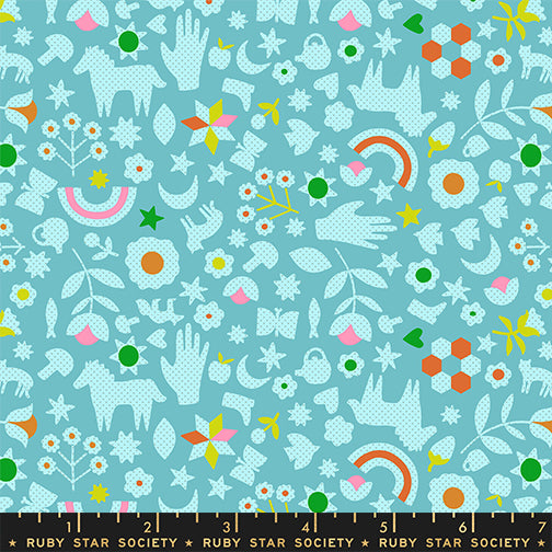 A closeup shot of the quilting fabric pattern called Little Luck, designed by Alexia Abegg for Ruby Star Society, in the turquoise colorway. The SKU is RS4131 15.