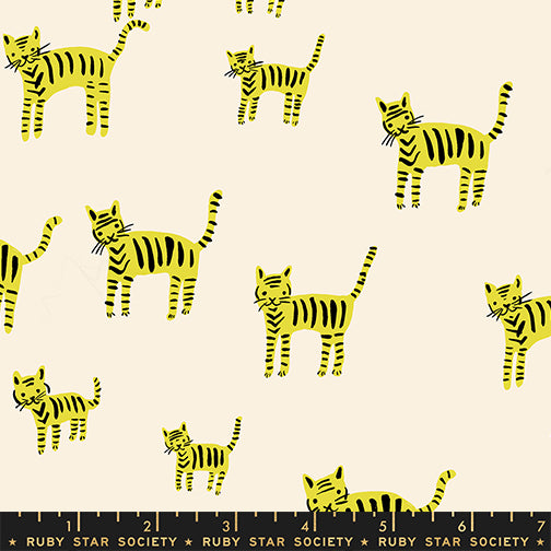 A closeup shot of the quilting fabric pattern called Tiger Stripes, designed by Alexia Abegg for Ruby Star Society, in the citron colorway. The SKU is RS4132 11.