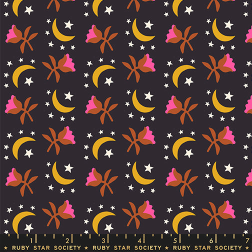 A closeup shot of the quilting fabric pattern called Moonflower, designed by Alexia Abegg for Ruby Star Society, in the black colorway. The SKU is RS4133 16.