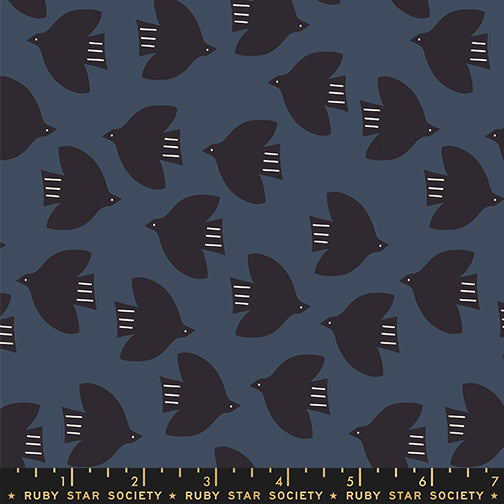 A closeup shot of the quilting fabric pattern called Birds, designed by Alexia Abegg for Ruby Star Society, in the smoke colorway. The SKU is RS4135 14.