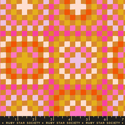 A closeup shot of the fabric pattern called Granny Square, designed by Alexia Abegg for Ruby Star Society, in the caramel colorway. The SKU is RS4137 11R.