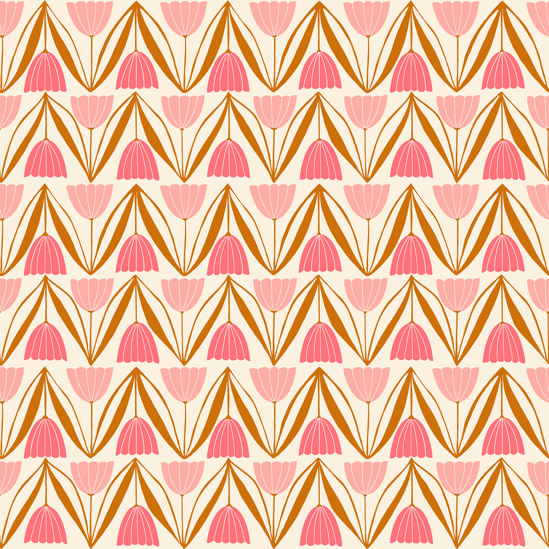 Cotton quilting fabric pattern called 'Tulips in Natural'. Part of the 'Endpaper' fabric collection. Designed by Jen Hewett for fabric company Ruby Star Society. SKU: RS6043 12. 44-45 inch width.