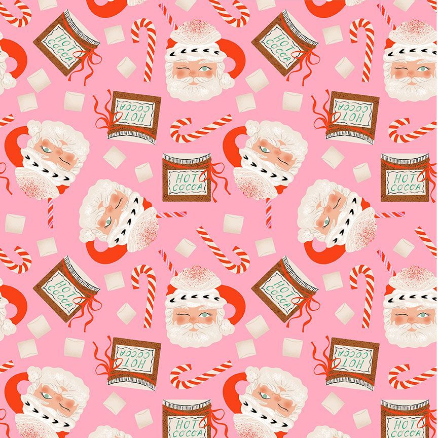 A closeup shot of the quilting fabric pattern called Santa Mugs, designed by Faye Guanipa for Dear Stella, in the flamingo colorway. The SKU is STELLA-DFG3183 FLAMINGO.