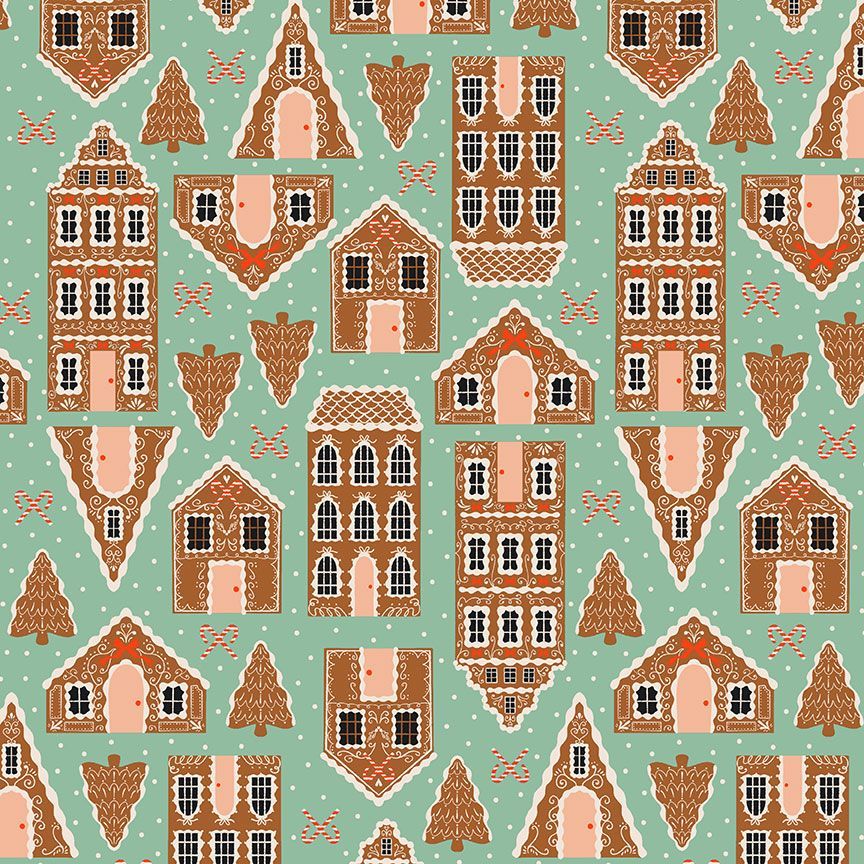 A closeup shot of the quilting fabric pattern called Gingerbread Houses, designed by Faye Guanipa for Dear Stella, in the jade colorway. The SKU is STELLA-DFG3185 JADE.