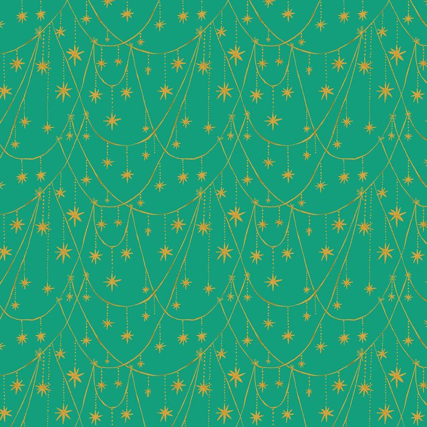 A closeup shot of the quilting fabric pattern called Star Garland, designed by Faye Guanipa for Dear Stella, in the peacock colorway. The SKU is STELLA-DFG3187 PEACOCK.