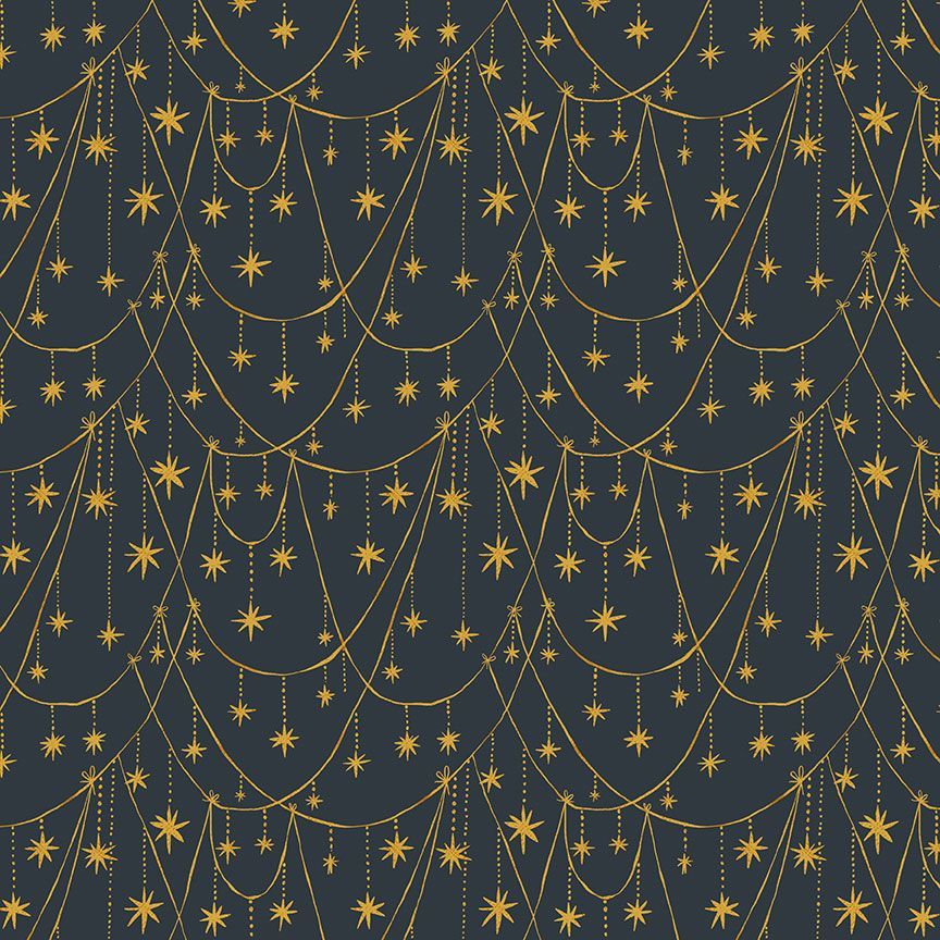 A closeup shot of the quilting fabric pattern called Star Garland, designed by Faye Guanipa for Dear Stella, in the slate colorway. The SKU is STELLA-DFG3187 SLATE.