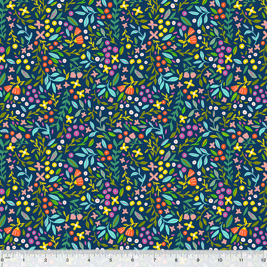 Cotton quilting fabric pattern called 'Blossoming Bunches in Navy'. Part of the 'ABC's in Bloom' fabric collection. Designed by Kelly Angelovic for fabric company Windham Fabrics. SKU: 53689-2. 44-45 inch width.