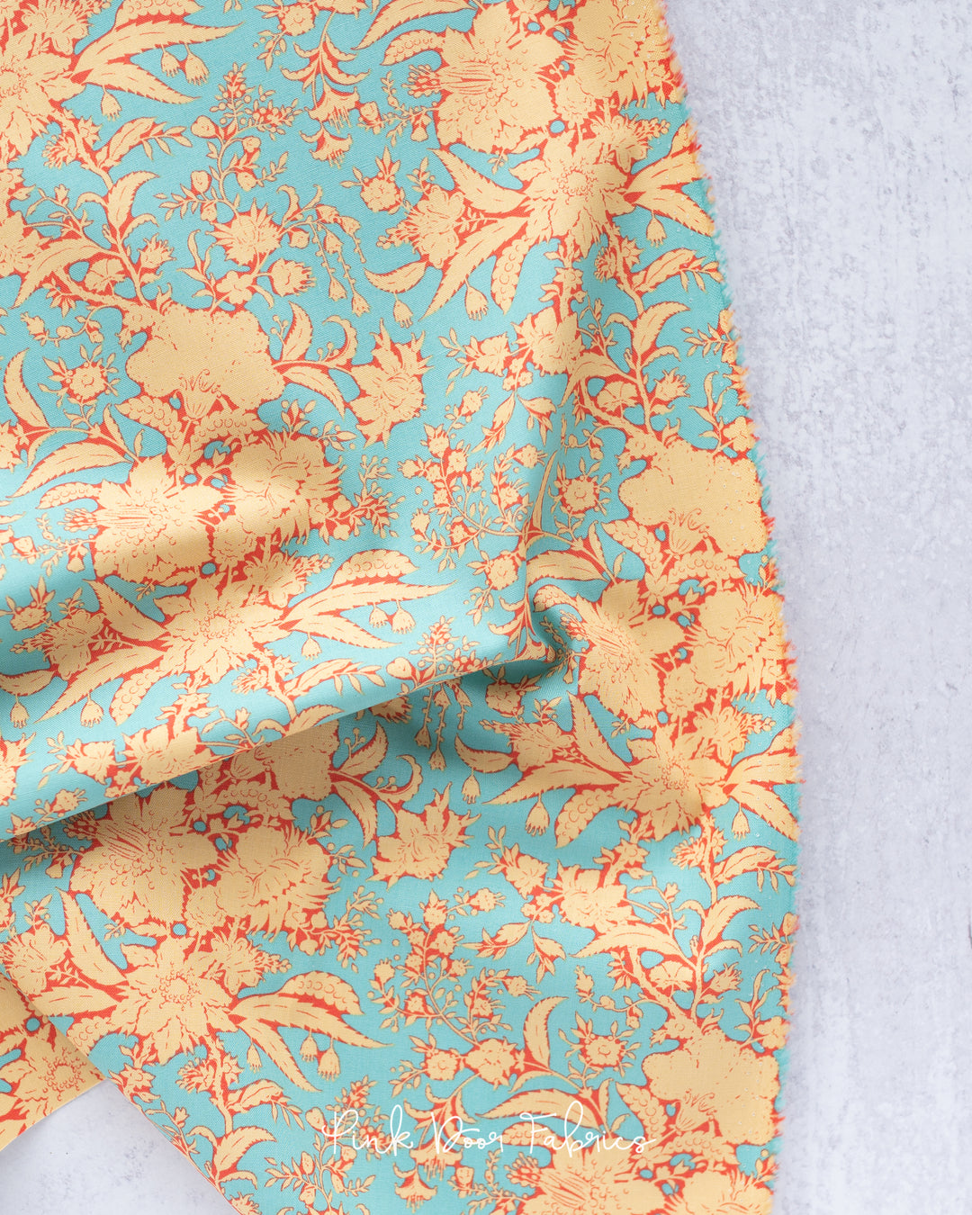 Cotton quilting fabric pattern called 'Abloom in Turquoise'. Part of the 'Bloomsville' fabric collection. Designed by Tilda Fabrics for fabric company Tilda Fabrics. SKU: 110072. 44-45 inch width.