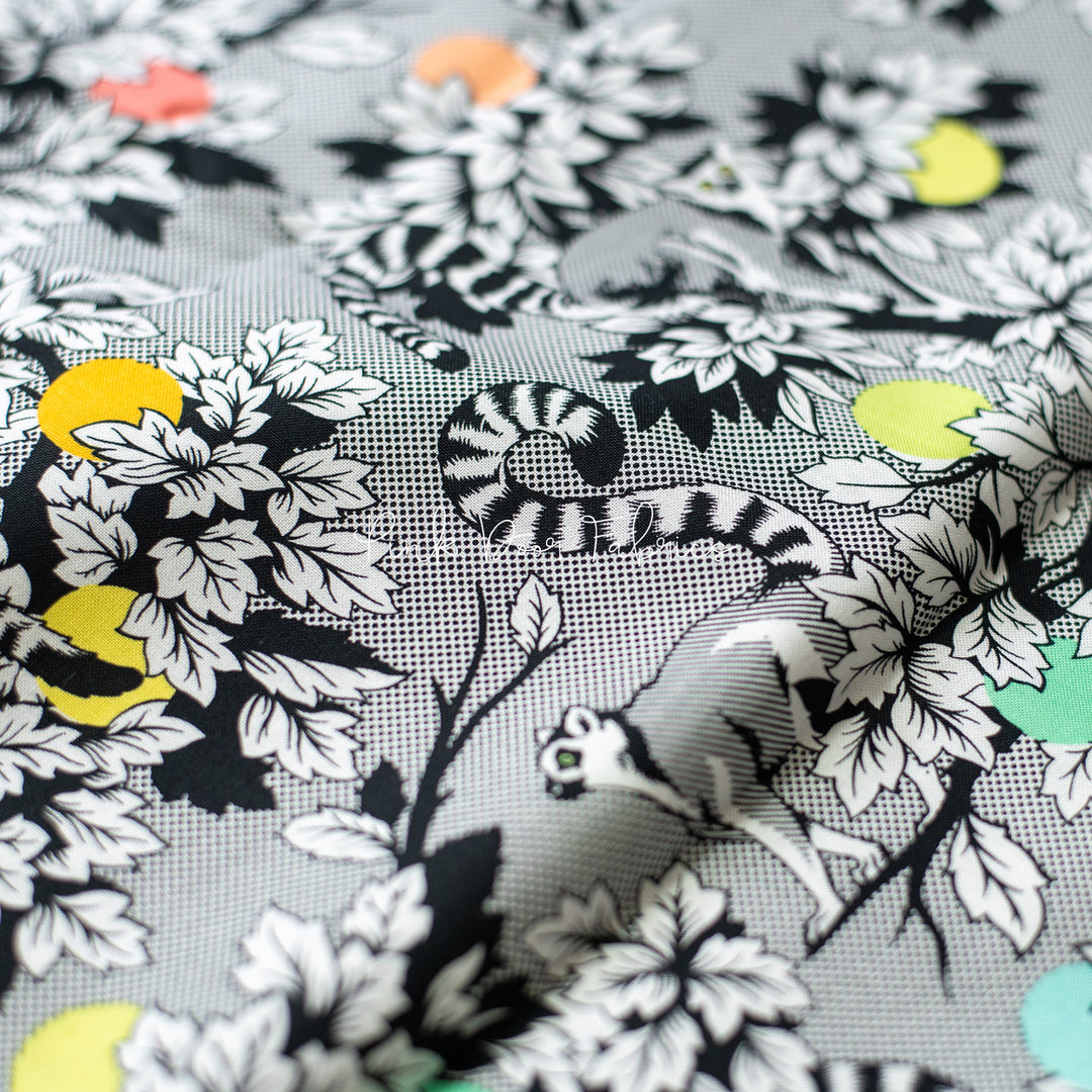 Cotton quilting fabric pattern called 'Lemur Me Alone in Ink'. Part of the 'Linework' fabric collection. Designed by Tula Pink for fabric company Free Spirit Fabrics. SKU: PWTP154.INK. 44-45 inch width.