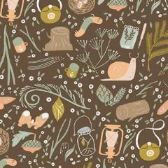 Cotton quilting fabric pattern called 'Camp Gear in Tobacco'. Part of the 'Camp Wander' fabric collection. Designed by Rae Ritchie for fabric company Dear Stella Fabrics. SKU: ST-SRR1005TO. 44-45 inch width.